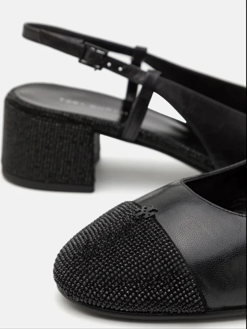 #701 Tory Burch black leather block heel slingback pumps with glittery embellish